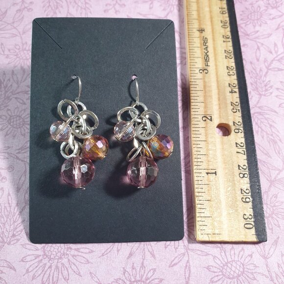 Handmade Silver Tone Vintage Dangle Earrings Pink Orange Faceted Beads Costume - Picture 3 of 4